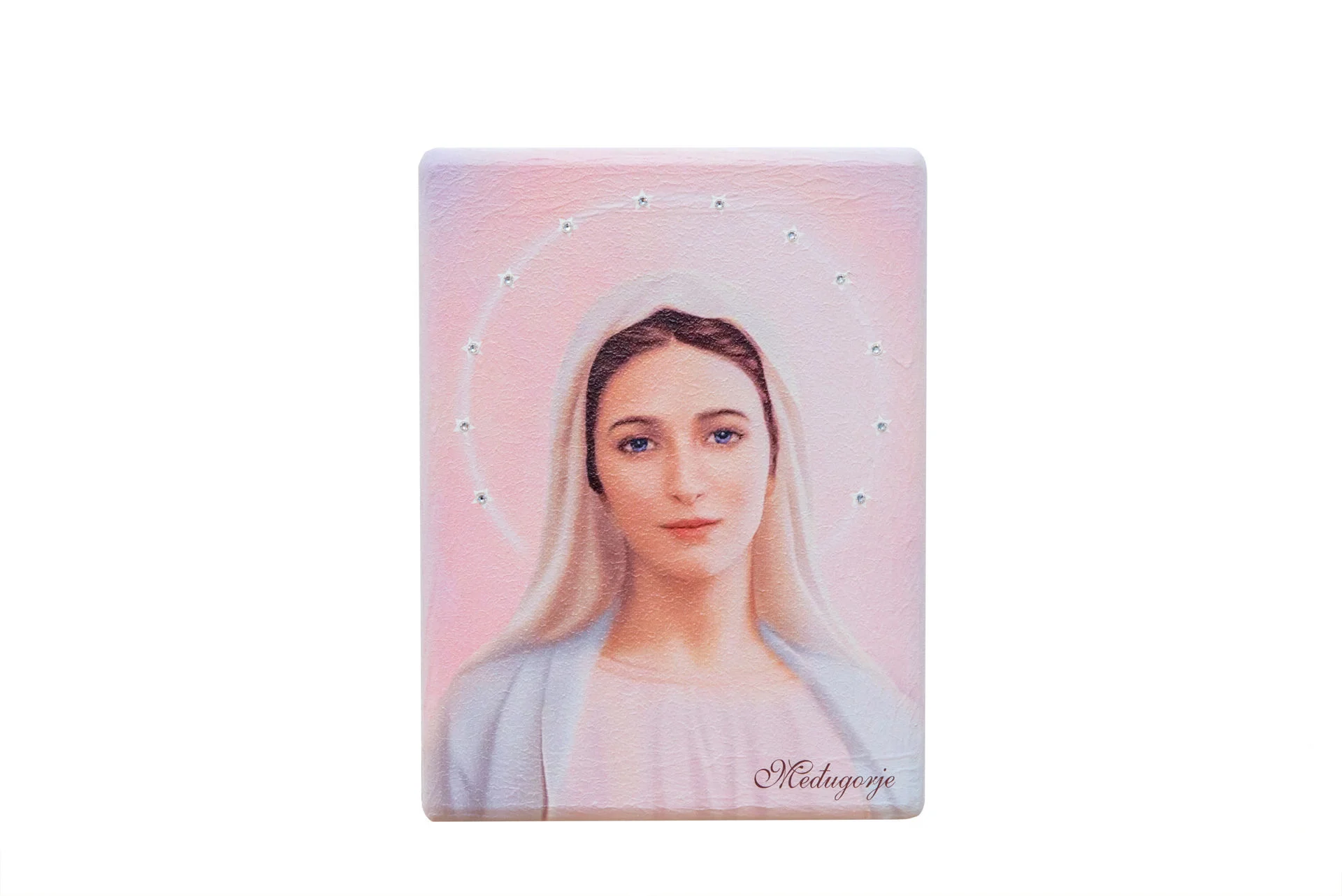 Gospa Međugorska, ikona na drvetu sa Swarovskim kristalima - roza (200x150)